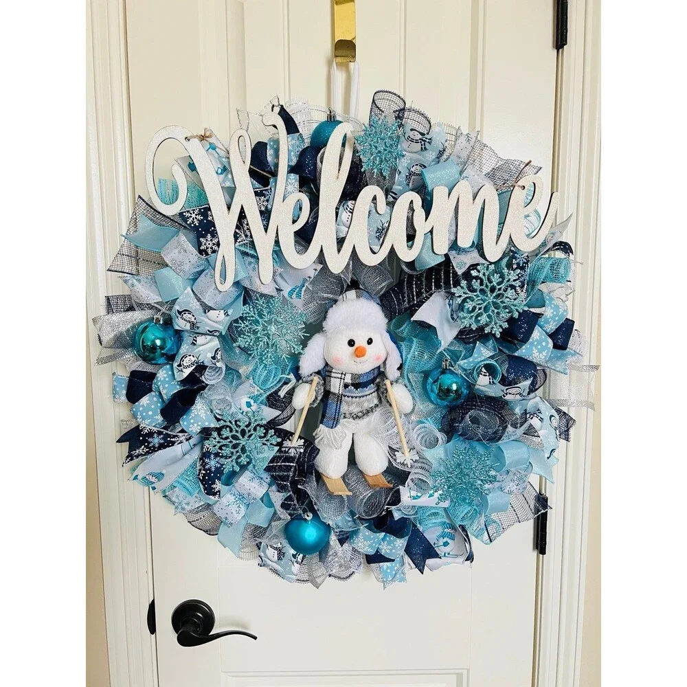 XL Handmade Christmas Holiday Skiing Snowman Ribbon Prelit Wreath 26 ins LED